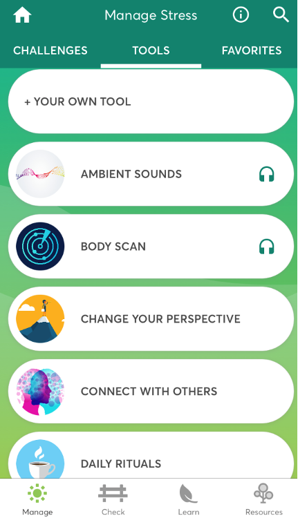 mobile screenshot of Manage Stress view
