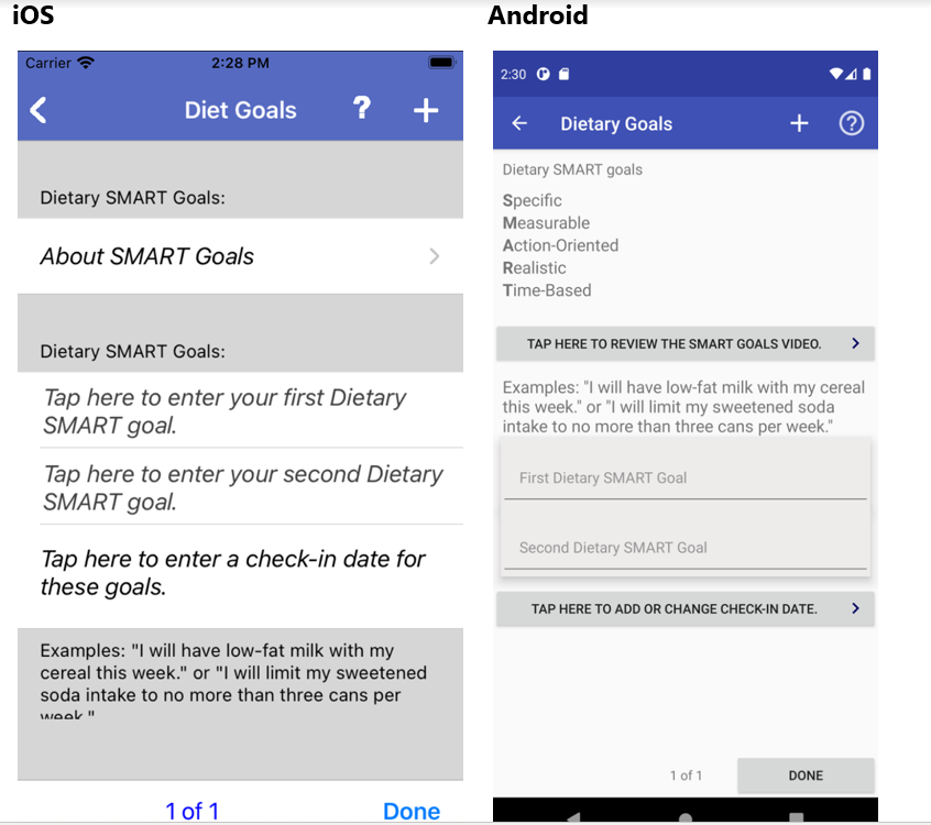 iOS and Android screenshots of Setting Goals view